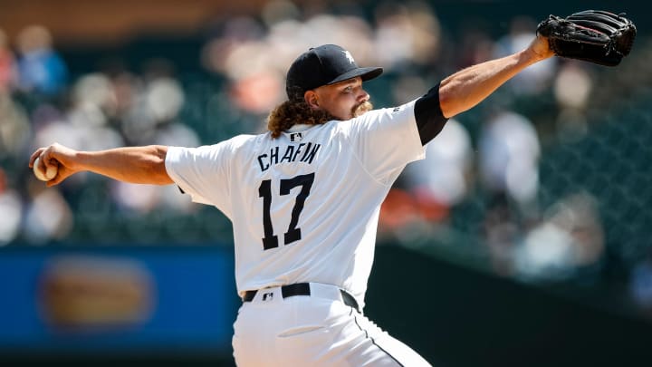 Detroit Tigers pitcher Andrew Chafin (17) throws against Washington Nationals during the ninth inning at Comerica Park in Detroit on Thursday, June 13, 2024.