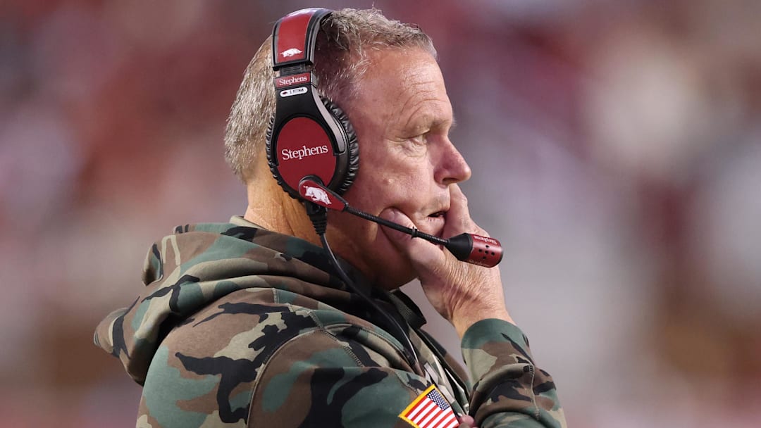 Nov 23, 2024; Fayetteville, Arkansas, USA; Arkansas Razorbacks head coach Sam Pittman during the fourth quarter against the Louisiana Tech Bulldogs at Donald W. Reynolds Razorback Stadium. Arkansas won 35-14. Mandatory Credit: Nelson Chenault-Imagn Images