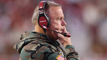Nov 23, 2024; Fayetteville, Arkansas, USA; Arkansas Razorbacks head coach Sam Pittman during the fourth quarter against the Louisiana Tech Bulldogs at Donald W. Reynolds Razorback Stadium. Arkansas won 35-14. Mandatory Credit: Nelson Chenault-Imagn Images