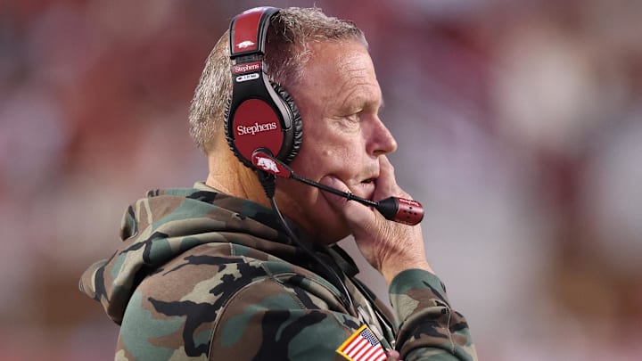 Nov 23, 2024; Fayetteville, Arkansas, USA; Arkansas Razorbacks head coach Sam Pittman during the fourth quarter against the Louisiana Tech Bulldogs at Donald W. Reynolds Razorback Stadium. Arkansas won 35-14. Mandatory Credit: Nelson Chenault-Imagn Images
