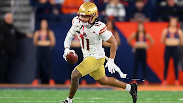 Nov 29, 2025; Syracuse, New York, USA; Boston College Eagles wide receiver Lewis Bond (11) runs against the Syracuse Orange during the second half at the JMA Wireless Dome. Mandatory Credit: Rich Barnes-Imagn Images