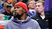 Feb 5, 2025; Oklahoma City, Oklahoma, USA; Phoenix Suns forward Kevin Durant (35) sits on the bench during the second half of a game against the Oklahoma City Thunder at Paycom Center. Mandatory Credit: Alonzo Adams-Imagn Images