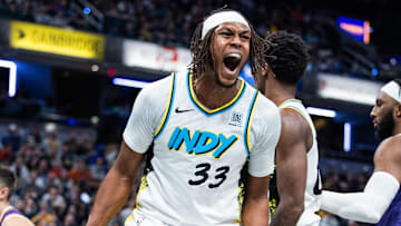Jan 4, 2025; Indianapolis, Indiana, USA;  Indiana Pacers center Myles Turner (33) celebrates after a basket against the Phoenix Suns in the second half at Gainbridge Fieldhouse. Mandatory Credit: Trevor Ruszkowski-Imagn Images