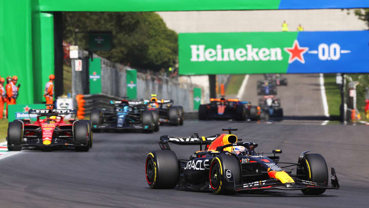 Max Verstappen of the Netherlands driving the (1) Oracle Red Bull Racing RB19 leads Charles Leclerc of Monaco driving the (16) Ferrari SF-23 during the F1 Grand Prix of Italy at Autodromo Nazionale Monza on September 03, 2023 in Monza, Italy. 