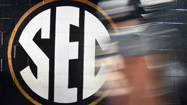 Oct 19, 2019; Nashville, TN, USA; General view of an SEC logo as a Vanderbilt Commodores player walks to the locker room before the game against the Missouri Tigers at Vanderbilt Stadium. 