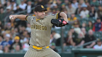 Apr 7, 2025; West Sacramento, California, USA; San Diego Padres pitcher Michael King (34) throws a pitch against the Athletics during the first inning at Sutter Health Park. Mandatory Credit: Ed Szczepanski-Imagn Images