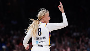 Jul 15, 2025; Boston, Massachusetts, USA; Indiana Fever guard Sophie Cunningham (8) reacts after her three point basket against the Connecticut Sun in the second quarter at TD Garden. Mandatory Credit: David Butler II-Imagn Images