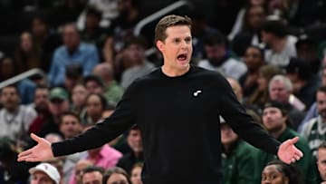 Nov 7, 2024; Milwaukee, Wisconsin, USA; Utah Jazz head coach Will Hardy reacts in the third quarter against the Milwaukee Bucks at Fiserv Forum. Mandatory Credit: Benny Sieu-Imagn Images