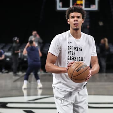 Mar 19, 2024; Brooklyn, New York, USA;  Brooklyn Nets forward Cameron Johnson (2) warms up prior to the game against the New Orleans Pelicans at Barclays Center. Mandatory Credit: Wendell Cruz-Imagn Images