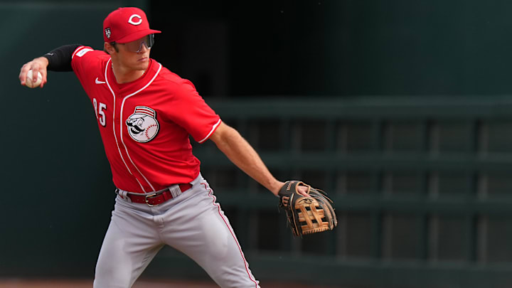 Feb. 24, 2024; Goodyear, Arizona, USA; Cincinnati Reds infielder Tyler Callihan throws to first for an out after fielding a ground ball in the fifth inning during a MLB spring training game against the Cleveland Guardians at Goodyear Ballpark. Mandatory Credit: Kareem Elgazzar-Imagn Images