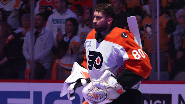 Apr 27, 2026; Pittsburgh, Pennsylvania, USA;  Philadelphia Flyers goaltender Dan Vladar (80) stands for the national anthem against the Pittsburgh Penguins in game five of the first round of the 2026 Stanley Cup Playoffs at PPG Paints Arena. Mandatory Credit: Charles LeClaire-Imagn Images