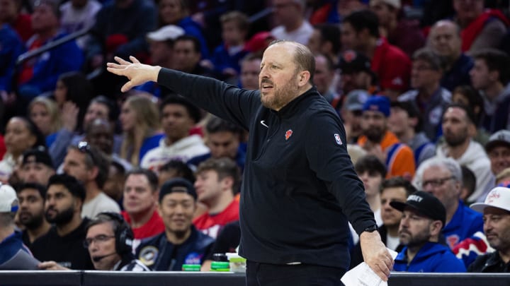 Apr 25, 2024; Philadelphia, Pennsylvania, USA; New York Knicks head coach Tom Thibodeau reacts during the second half against the Philadelphia 76ers in game three of the first round for the 2024 NBA playoffs at Wells Fargo Center. Mandatory Credit: Bill Streicher-USA TODAY Sports