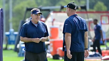 Jul 26, 2023; Foxborough, MA, USA; New England Patriots head coach Bill Belichick speaks to