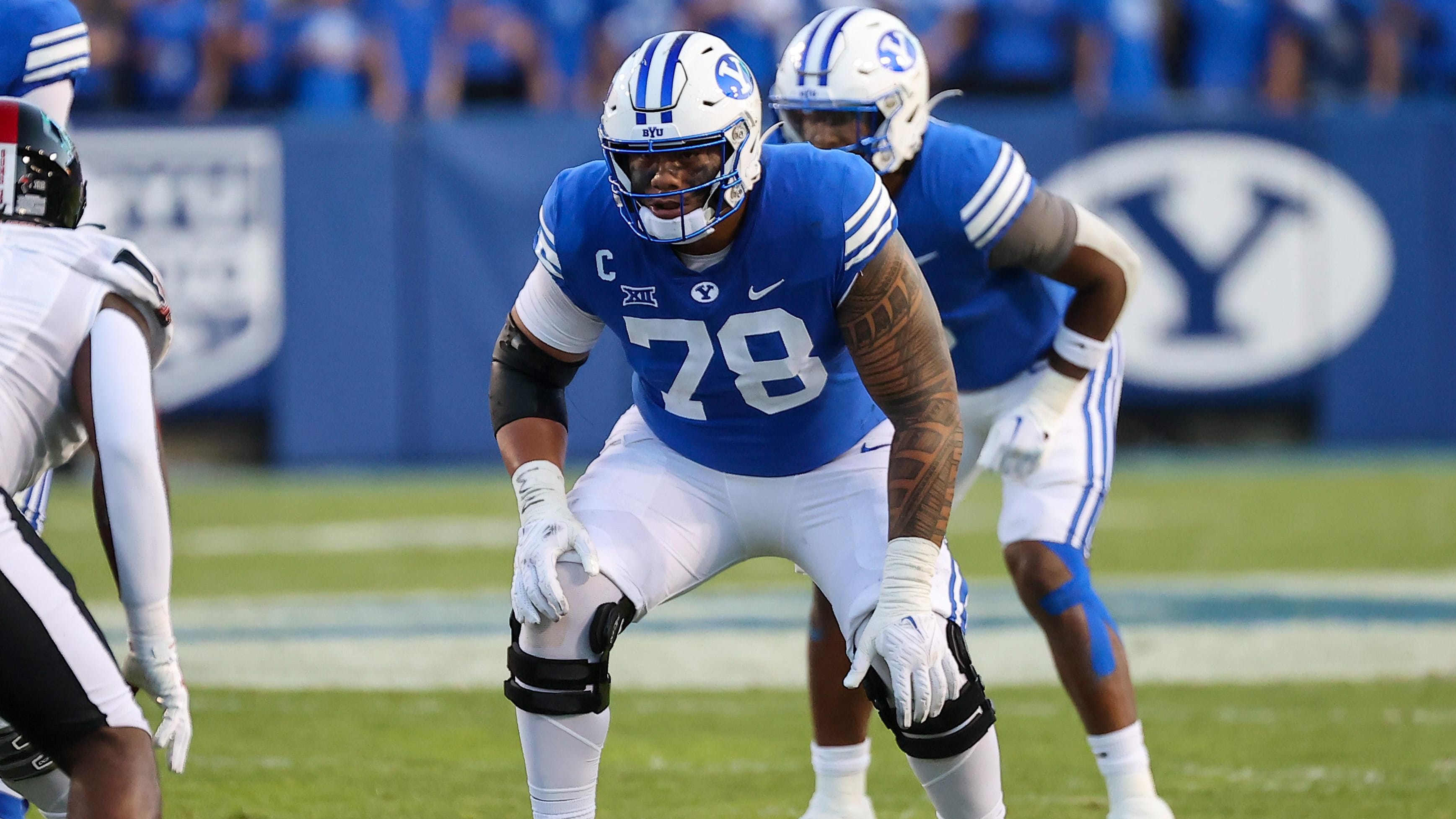 Brigham Young Cougars offensive lineman Kingsley Suamataia (78) lines up before a snap.