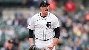 Detroit Tigers pitcher Tarik Skubal (29) celebrates after striking out Tampa Bay Rays left fielder Christopher Morel (24) during the seventh inning at Comerica Park in Detroit on Tuesday, Sept. 24, 2024.