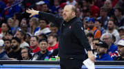 Apr 25, 2024; Philadelphia, Pennsylvania, USA; New York Knicks head coach Tom Thibodeau reacts during the second half against the Philadelphia 76ers in game three of the first round for the 2024 NBA playoffs at Wells Fargo Center. Mandatory Credit: Bill Streicher-USA TODAY Sports