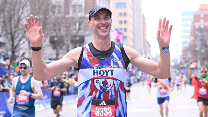 Apr 15, 2024; Boston, MA, USA; Former Boston Bruins team captain Zdeno Chara reacts to finishing the 2024 Boston Marathon. Mandatory Credit: Eric Canha-USA TODAY Sports