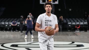 Mar 19, 2024; Brooklyn, New York, USA;  Brooklyn Nets forward Cameron Johnson (2) warms up prior to the game against the New Orleans Pelicans at Barclays Center. Mandatory Credit: Wendell Cruz-USA TODAY Sports