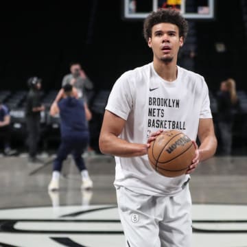 Mar 19, 2024; Brooklyn, New York, USA;  Brooklyn Nets forward Cameron Johnson (2) warms up prior to the game against the New Orleans Pelicans at Barclays Center. Mandatory Credit: Wendell Cruz-USA TODAY Sports