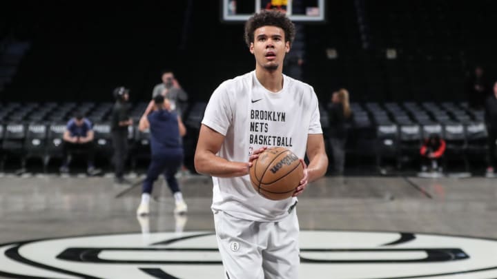 Mar 19, 2024; Brooklyn, New York, USA;  Brooklyn Nets forward Cameron Johnson (2) warms up prior to the game against the New Orleans Pelicans at Barclays Center. Mandatory Credit: Wendell Cruz-USA TODAY Sports