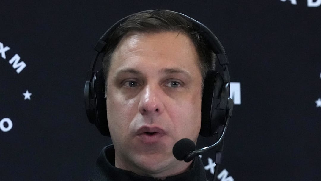 Feb 27, 2024; Indianapolis, IN, USA; Kansas City Chiefs general manager Brett Veach on the SiriusXM radio set at the NFL Scouting Combine at Indiana Convention Center. Mandatory Credit: Kirby Lee-Imagn Images