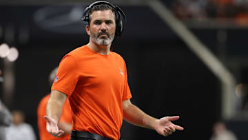 Cleveland Browns head coach Kevin Stefanski reacts to a call during their game against the Atlanta Falcons at Mercedes-Benz Stadium.
