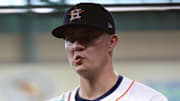 Aug 13, 2025; Houston, Texas, USA;  Houston Astros starting pitcher Hunter Brown (58) walks from the bullpen to the dugout before pitching against the Boston Red Sox at Daikin Park.