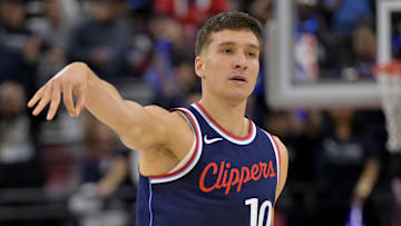 Apr 2, 2025; Inglewood, California, USA; Los Angeles Clippers guard Bogdan Bogdanovic (10) reacts after a 3-point basket in the second half against the New Orleans Pelicans at Intuit Dome. Mandatory Credit: Jayne Kamin-Oncea-Imagn Images