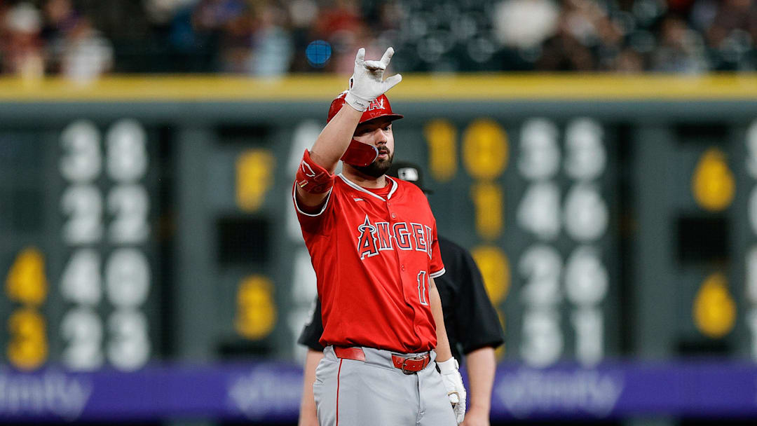 Sep 19, 2025; Denver, Colorado, USA; Los Angeles Angels first baseman Nolan Schanuel (18) reacts from second on a two RBI double in the fifth inning against the Colorado Rockies at Coors Field. Mandatory Credit: Isaiah J. Downing-Imagn Images