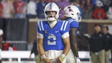Nov 9, 2024; Oxford, Mississippi, USA; Mississippi Rebels quarterback Jaxson Dart (2) reacts during the second half  against the Georgia Bulldogs at Vaught-Hemingway Stadium. Mandatory Credit: Petre Thomas-Imagn Images
