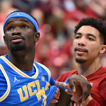 Mar 2, 2024; Pullman, Washington, USA; UCLA Bruins forward Adem Bona (3) fights for position against Washington State Cougars guard Myles Rice (2) in the first half at Friel Court at Beasley Coliseum. Mandatory Credit: James Snook-USA TODAY Sports