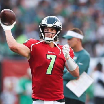 Aug 1, 2024; Philadelphia, PA, USA; Philadelphia Eagles quarterback Kenny Pickett (7) throws the ball during a training camp practice at Lincoln Financial Field. Mandatory Credit: Bill Streicher-USA TODAY Sports