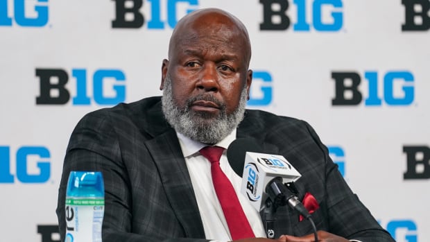 Maryland Terrapins head coach Michael Locksley speaks to the media during the Big 10 football media day at Lucas Oil Stadium.