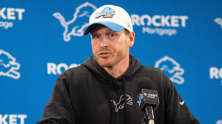 Detroit Lions offensive coordinator Johnson speaks at Detroit Lions headquarters and training facility in Allen Park, Michigan.
