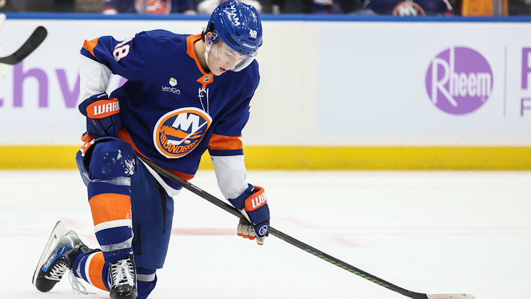 Nov 22, 2025; Elmont, New York, USA;  New York Islanders defenseman Matthew Schaefer (48) reacts after failing to score in the second period against the St. Louis Blues at UBS Arena. Mandatory Credit: Wendell Cruz-Imagn Images