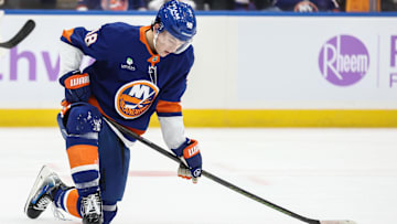 Nov 22, 2025; Elmont, New York, USA;  New York Islanders defenseman Matthew Schaefer (48) reacts after failing to score in the second period against the St. Louis Blues at UBS Arena. Mandatory Credit: Wendell Cruz-Imagn Images