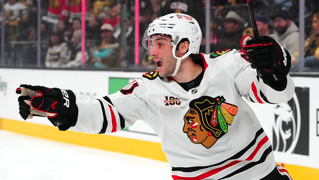 Dec 2, 2025; Las Vegas, Nevada, USA; Chicago Blackhawks center Frank Nazar (91) celebrates after assisting on a goal scored against the Vegas Golden Knights during the first period at T-Mobile Arena. Mandatory Credit: Stephen R. Sylvanie-Imagn Images