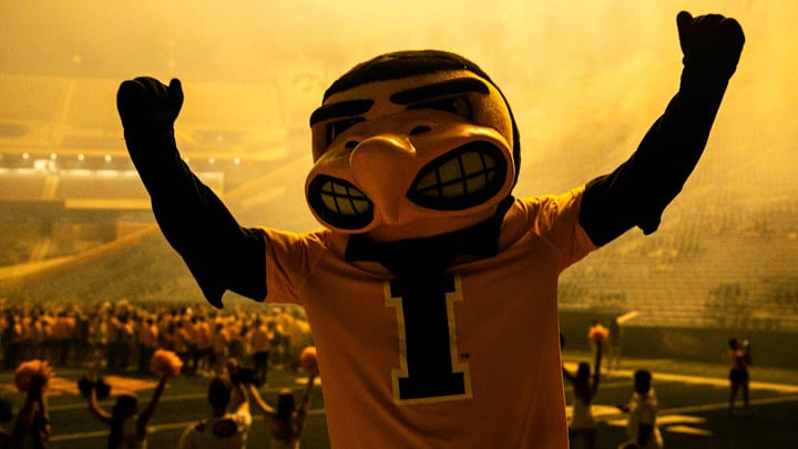 Herky the Hawk poses for photos as fireworks explode during the Kickoff at Kinnick On Iowa! event, Friday, Aug. 20, 2021, on Duke Slater Field at Kinnick Stadium in Iowa City, Iowa.

210820 Kickoff Kinnick 002 Jpg