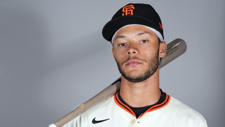 Feb 21, 2024; Scottsdale, AZ, USA; San Francisco Giants outfielder Grant McCray poses for Photo Day at Scottsdale Stadium. Mandatory Credit: Rick Scuteri-USA TODAY Sports