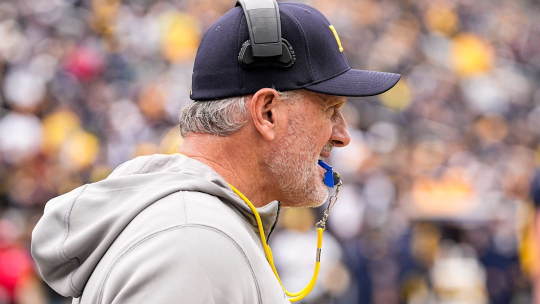 Michigan head coach Kyle Whittingham watches a play during the spring game at Michigan Stadium in Ann Arbor on Saturday, April 18, 2026.