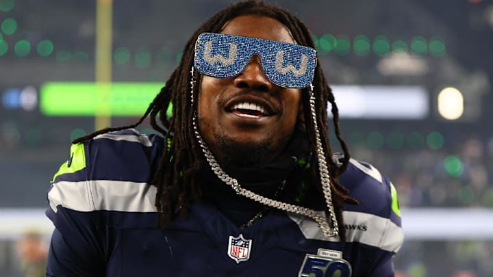 Jan 17, 2026; Seattle, WA, USA;  Seattle Seahawks cornerback Riq Woolen (27) celebrates following an NFC Divisional Round game against the San Francisco 49ers at Lumen Field. Mandatory Credit: Kevin Ng-Imagn Images