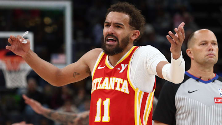 Mar 3, 2025; Memphis, Tennessee, USA; Atlanta Hawks guard Trae Young (11) reacts after a delay of game call during the third quarter against the Memphis Grizzlies at FedExForum. Mandatory Credit: Petre Thomas-Imagn Images
