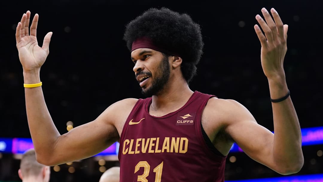 Dec 12, 2023; Boston, Massachusetts, USA; Cleveland Cavaliers center Jarrett Allen (31) reacts after being called for a foul against Boston Celtics center Kristaps Porzingis (8) in the second half at TD Garden. Mandatory Credit: David Butler II-Imagn Images