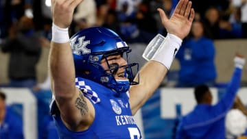 Kentucky's Will Levis celebrates a touchdown against Tennessee, Nov. 6, 2021.