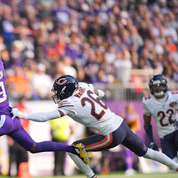 Nov 16, 2025; Minneapolis, Minnesota, USA; Minnesota Vikings wide receiver Jordan Addison (3) misses a catch while under pressure from Chicago Bears cornerback Nahshon Wright (26) during the first quarter at U.S. Bank Stadium. Mandatory Credit: Brad Rempel-Imagn Images