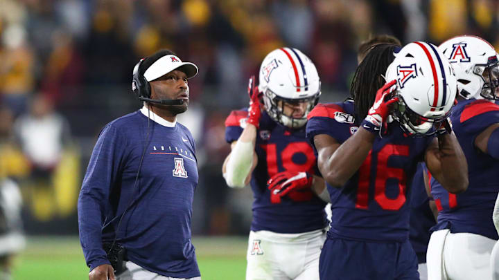 Nov 30, 2019; Tempe, AZ, USA; Arizona Wildcats head coach Kevin Sumlin against the Arizona State Sun Devils during the Territorial Cup at Sun Devil Stadium. Mandatory Credit: Mark J. Rebilas-Imagn Images