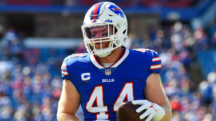 Sep 26, 2021; Orchard Park, New York, USA; Buffalo Bills inside linebacker Tyler Matakevich (44) warms up prior to the game against the Washington Football Team at Highmark Stadium. Mandatory Credit: Rich Barnes-USA TODAY Sports