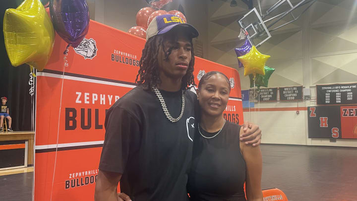 Zephyrhills' 2025 5-star athlete DJ Pickett and his mother Tammie shortly after he committed to play his college football at LSU on July 17, 2024.