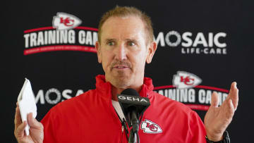 Jul 24, 2023; St. Joseph, MO, USA; Kansas City Chiefs defensive coordinator Steve Spagnuolo answers questions from reporters during training camp at Missouri Western State University. Mandatory Credit: Denny Medley-USA TODAY Sports