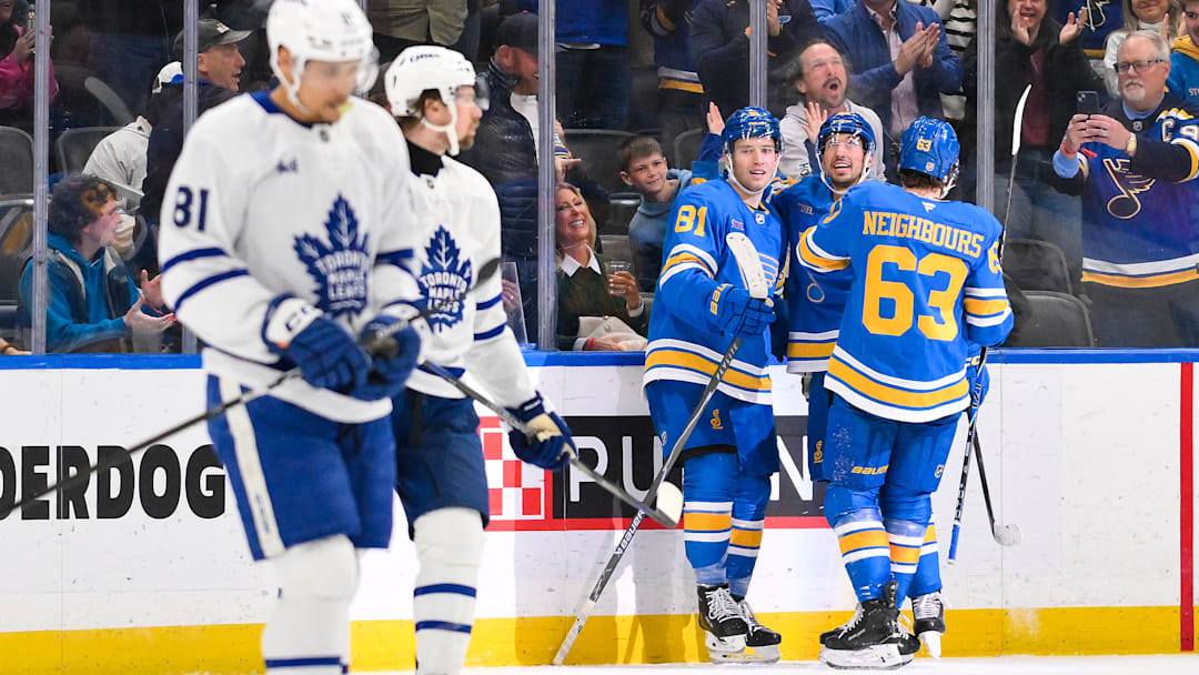 Mar 28, 2026; St. Louis, Missouri, USA; St. Louis Blues left wing Dylan Holloway (81) is congratulated by right wing Jordan Kyrou (25) and left wing Jake Neighbours (63) after scoring against the Toronto Maple Leafs during the third period at Enterprise Center. Mandatory Credit: Jeff Curry-Imagn Images Mar 28, 2026; St. Louis, Missouri, USA; St. Louis Blues left wing Dylan Holloway (81) is congratulated by right wing Jordan Kyrou (25) and left wing Jake Neighbours (63) after scoring against the Toronto Maple Leafs during the third period at Enterprise Center. Mandatory Credit: Jeff Curry-Imagn Images